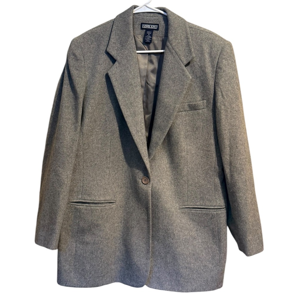 VTG 90s Lands' End Gray Wool Cashmere Blazer Jacket Oversized 16 Made in USA